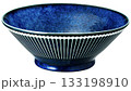 藍色の和食器・麺鉢／白背景／ストライプ柄の陶器の器 133198910