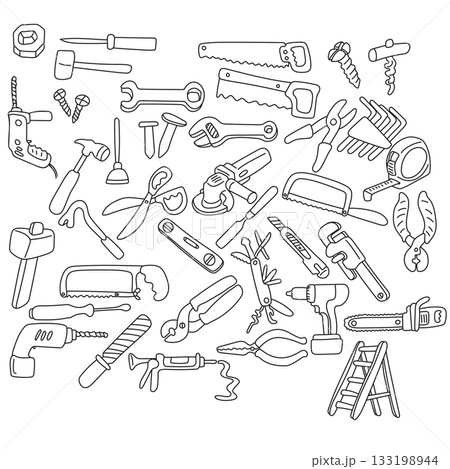 set of tools and equipment illustration vector hand drawn with black lines set of tools and equipment illustration vector hand drawn with black lines 133198944