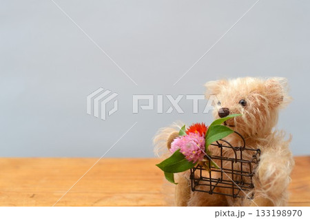 千日紅の小さなブーケとかごを抱えるテディベア　 133198970