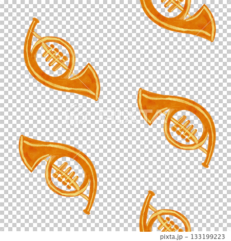 Brass horns in warm golden tones. Watercolor seamless pattern. Hand-painted musical design on white, perfect for festive wrapping paper, Christmas crafts, textiles, invitations, and creative projects Brass horns in warm golden tones. Watercolor seamless pattern. Hand-painted musical design on white, perfect for festive wrapping paper, Christmas crafts, textiles, invitations, and creative projects 133199223