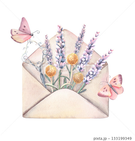 Open envelope, lavender, craspedia, vintage key, butterflies. Hand-painted watercolor illustration isolated on white for printing, greeting card, wedding invitation, love letters, scrapbooking, design Open envelope, lavender, craspedia, vintage key, butterflies. Hand-painted watercolor illustration isolated on white for printing, greeting card, wedding invitation, love letters, scrapbooking, design 133199349