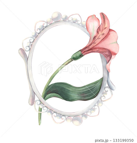 Vintage oval pearl frame with alstroemeria flower. Hand-painted watercolor illustration isolated on white for invitations, wedding cards, logos, prints, packaging, wall art, design, textile, posters Vintage oval pearl frame with alstroemeria flower. Hand-painted watercolor illustration isolated on white for invitations, wedding cards, logos, prints, packaging, wall art, design, textile, posters 133199350