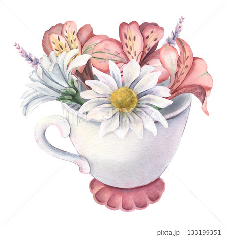 Vintage teacup with lavender, chrysanthemum, alstroemeria. Hand-painted watercolor illustration isolated on white for printing on textile, posters, greeting cards, wedding invitations, design, decor Vintage teacup with lavender, chrysanthemum, alstroemeria. Hand-painted watercolor illustration isolated on white for printing on textile, posters, greeting cards, wedding invitations, design, decor 133199351