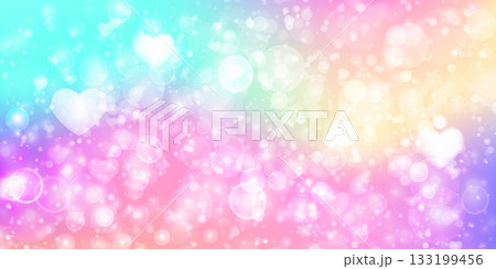 Soft pastel background with glowing bokeh circles, floating hearts, and a dreamy atmosphere. Ideal for greeting cards, social media, and romantic themed designs. High quality vector illustration 133199456