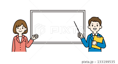 ホワイトボードと、指示棒を持って説明するビジネスマンの上半身ベクターイラスト素材＿カラー 133199535