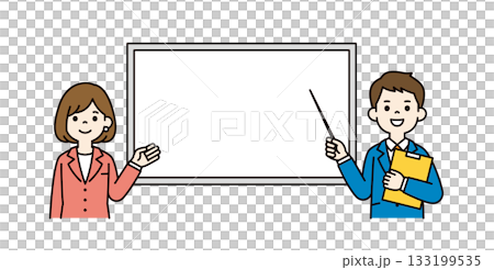 ホワイトボードと、指示棒を持って説明するビジネスマンの上半身ベクターイラスト素材＿カラー 133199535