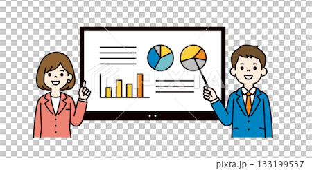 Digital whiteboard and upper body vector illustration of a businessman giving a presentation_color 133199537