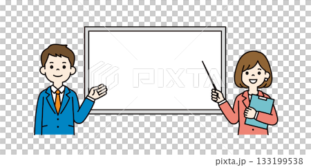 ホワイトボードと、指示棒を持って説明するビジネスパーソンの上半身ベクターイラスト素材_カラー ホワイトボードと、指示棒を持って説明するビジネスパーソンの上半身ベクターイラスト素材_カラー 133199538