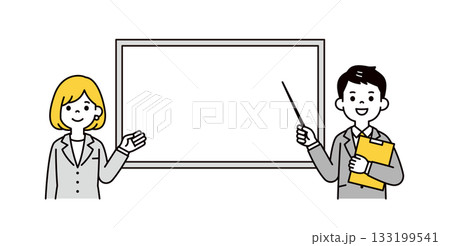 ホワイトボードと、指示棒で説明するスーツ姿の若い男性と女性の上半身ベクターイラスト素材 ホワイトボードと、指示棒で説明するスーツ姿の若い男性と女性の上半身ベクターイラスト素材 133199541