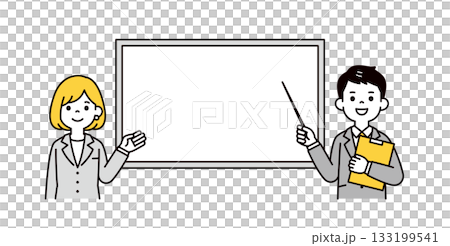 ホワイトボードと、指示棒で説明するスーツ姿の若い男性と女性の上半身ベクターイラスト素材 ホワイトボードと、指示棒で説明するスーツ姿の若い男性と女性の上半身ベクターイラスト素材 133199541