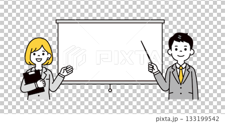 Vector illustration of a young man and woman in a suit explaining with a screen and a pointer 133199542