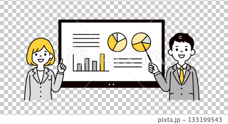 數位白板和上半身向量圖，描繪了男女商務人士進行演示的場景。 133199543