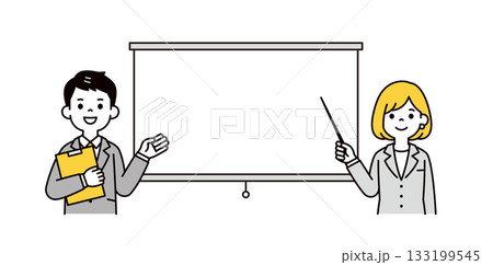 スクリーンと、ポインターを持つスーツを着た若い男性と女性の上半身ベクターイラスト素材 133199545