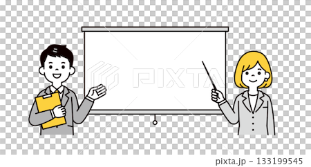Vector illustration of the upper body of a young man and woman in a suit holding a screen and a pointer 133199545