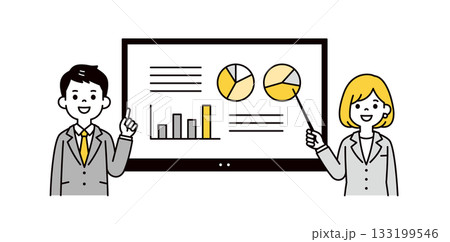 オンラインホワイトボードと、プレゼンする男女のビジネスマンの上半身ベクターイラスト素材 オンラインホワイトボードと、プレゼンする男女のビジネスマンの上半身ベクターイラスト素材 133199546