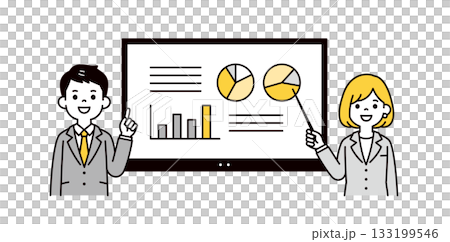 オンラインホワイトボードと、プレゼンする男女のビジネスマンの上半身ベクターイラスト素材 オンラインホワイトボードと、プレゼンする男女のビジネスマンの上半身ベクターイラスト素材 133199546