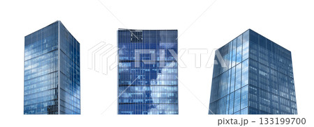 Modern urban building. Glass skyscraper with blue geometric facade and contemporary architecture, 133199700