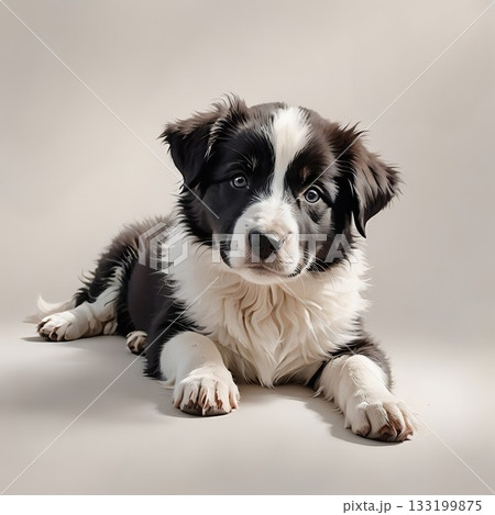 のびをしながら伏せるボーダーコリー子犬 133199875