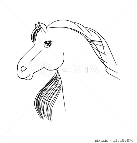 Graceful horse head line drawing with flowing mane and strong features. This artistic vector is perfect for Year of the Horse designs and zodiac-inspired visuals. Great for prints, decor, and themed 133199876