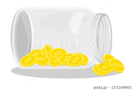 Isometric coins remains of family budget scattered on the table from an open glass jar. Isolated cartoon vector on white background top view 133199905