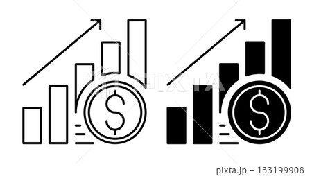 Linear icon. Dollar coin is rolling against the backdrop of a rising stock market chart. Simple vector isolated on white background 133199908