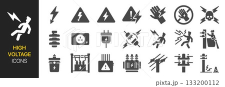 High voltage icon set. It includes electricity, electric, transmission line, tower, insulator and more icons. 133200112
