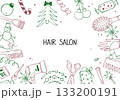 Doodle background frame with hairdressing tools for Merry Christmas and New Year greetings. Vector illustration for hair salon design. 133200191