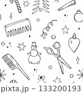Seamless pattern with doodle elements on the theme of hairdressing tools and Christmas and New Year. Simple vector illustration with comb, scissors, Christmas tree, snowflake. 133200193