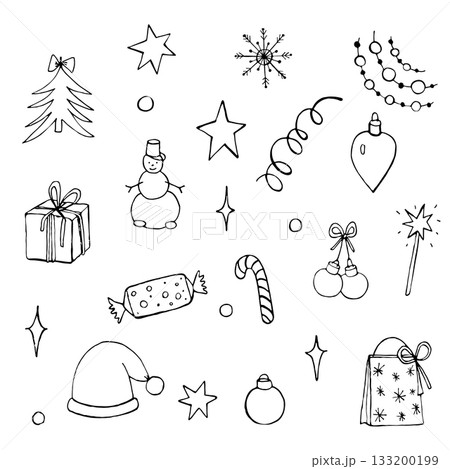 Doodle set of elements on theme of Christmas and New Year. Simple hand draw vector illustration for designs. 133200199