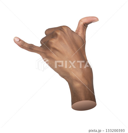 Shaka hand gesture. African man raising thumb and little finger in relaxed pose, symbol of Shaka hand gesture. African man raising thumb and little finger in relaxed pose, symbol of 133200393