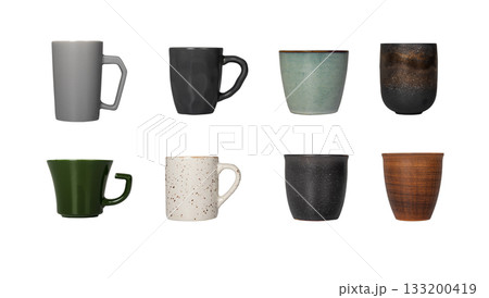 Cup set display. Assorted porcelain and ceramic mugs with various hot beverages in elegant modern 133200419