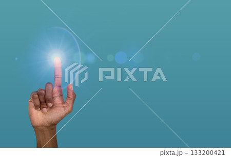 Digital click interface. Hand touching virtual button with glowing blue light, modern technology 133200421