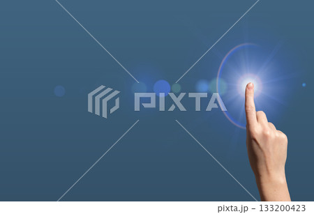 Digital innovation concept. Hand touching glowing blue interface symbolizing intelligence, 133200423