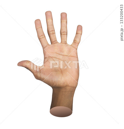 Hi hand gesture. African man waving with open palm, friendly and confident expression symbolizing 133200433