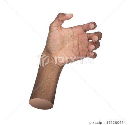 Holding hand gesture. African man presenting open palm with gentle grip, symbol of offering, care, 133200434