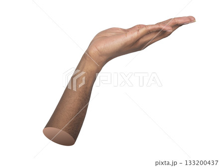 Open hand gesture. African man extending palm forward in a symbolic act of offering or asking, 133200437
