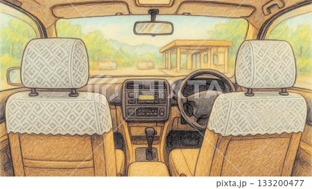 普通乗用車の車内風景（後部座席から見た風景） 133200477