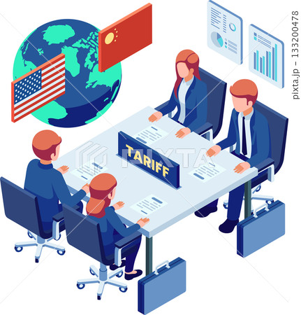 Isometric Trade War Tariff Negotiations Table 133200478