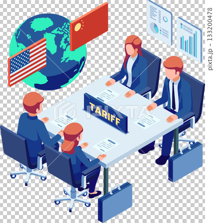 Isometric Trade War Tariff Negotiations Table 133200478