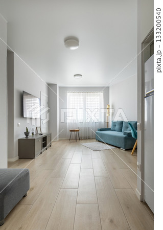 Bright Modern Living Room with Blue Sofa and TV 133200540