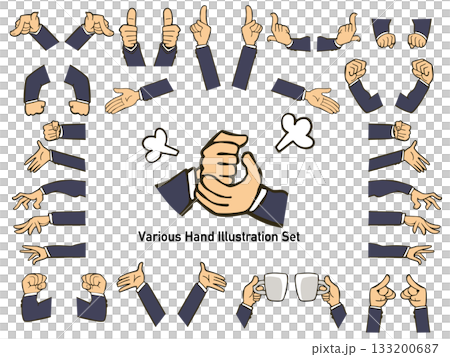 一組各式各樣的手部插圖。身著西裝的商人。握拳、指點、豎起大拇指等等。 133200687