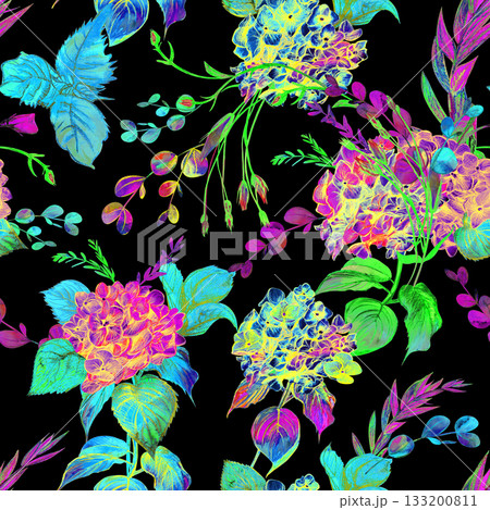 Summer botanical pattern with flowers drawn in watercolors on a black background 133200811
