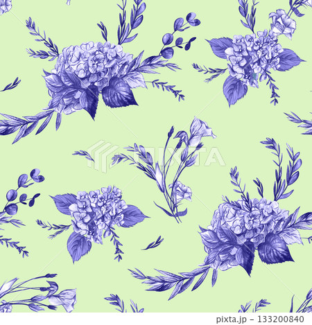 Vintage seamless pattern with hydrangea flowers and eustoma branches on a green backgroun Vintage seamless pattern with hydrangea flowers and eustoma branches on a green backgroun 133200840