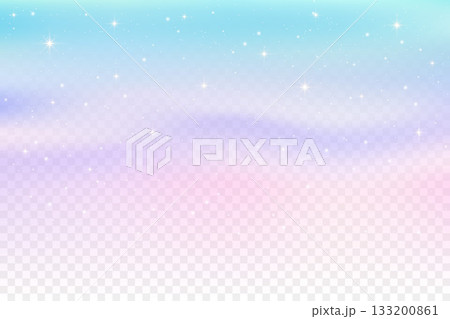Winter transparent background with falling snowflakes and shiny stars. Abstract pink and blue gradient effect overlay Christmas backdrop. Vector frosty magic realistic landscape 133200861