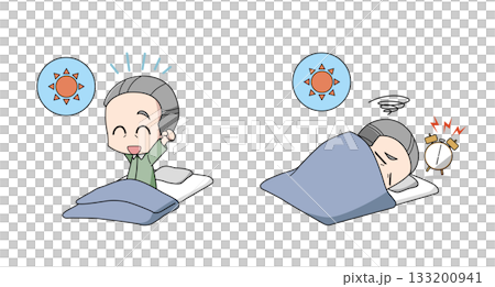 一組描繪老年男性醒來時身體狀況良好的和醒來時身體狀況不佳的插圖 133200941