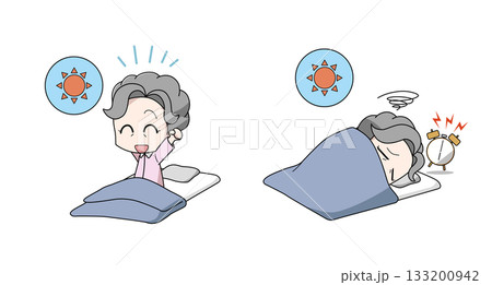 寝起きが良い・寝起きが悪いイラストのセット・高齢女性 133200942