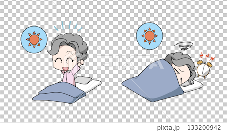 一組描繪老年女性醒來時狀態良好和醒來時狀態不佳的插圖 133200942