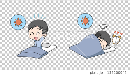 一組描繪醒來時狀態良好的人和醒來時狀態不佳的人的插圖 133200943