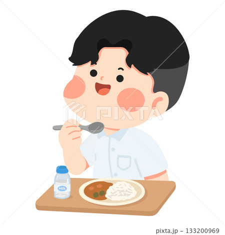Boy Eating Lunch at School Canteen 133200969