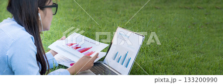 Banner Top view office desk laptop and coffee cup on wood table copy space.  Panorama tabletop notebook laptop coffee cup for officer display empty space wooden background workspace full banner design 133200990